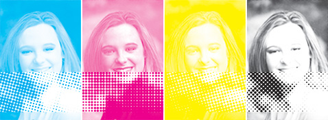 Cyan, magenta, yellow, and black (CMYK) separations with halftone exaggerated to show detail.